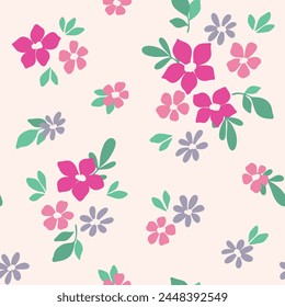 Seamless floral pattern, liberty ditsy print, cute abstract flower ornament in folk motif. Pretty botanical design: small hand drawn flowers, tiny leaves, simple bouquets on white. Vector illustration