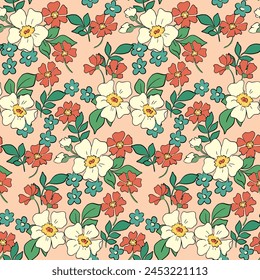 Seamless floral pattern, liberty ditsy print in a romantic retro motif. Cute botanical design, abstract ornament: small hand drawn flowers, tiny leaves, simple bouquets on pink. Vector illustration.