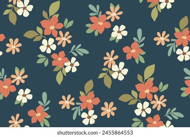 Seamless floral pattern, liberty ditsy print, cute abstract flower ornament in autumn colors. Pretty botanical design: small hand drawn flowers, tiny leaves, simple mini bouquets on blue field. Vector