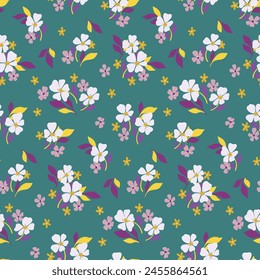 Seamless floral pattern, liberty ditsy print, abstract flower textile, wallpaper decor. Artistic botanical design, nature fashion: small hand drawn flowers, tiny leaves falling. Vector illustration.