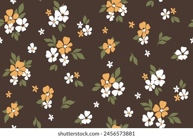 Seamless floral pattern, liberty ditsy print, simple abstract flower ornament in autumn colors. Cute botanical design: small hand drawn flowers, tiny leaves, mini bouquets on brown Vector illustration