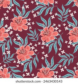Seamless floral pattern, liberty ditsy print, vintage ornament with plant drawing. Elegant botanical design: hand drawn small flowers, tiny leaves, bouquets on a light background