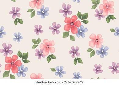 Seamless floral pattern, liberty ditsy print, delicate abstract nature ornament. Romantic botanical design: small hand drawn flowers, tiny leaves, watercolor bouquets in pastel. Vector illustration.