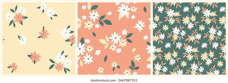 Seamless floral pattern, liberty ditsy print, abstract ornament of mini cute plants. Pretty botanical design set: small hand drawn daisy flowers, tiny leaves, cute simple bouquets. Vector illustration