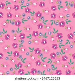 Nahtloses Blumenmuster, Liberty ditsy Print in Folk, rustikales Motiv. Nettes romantisches botanisches Design: kleine handgezeichnete rosa Blüten, winzige Blätter abstrakt auf weißem Hintergrund. Vektorillustration