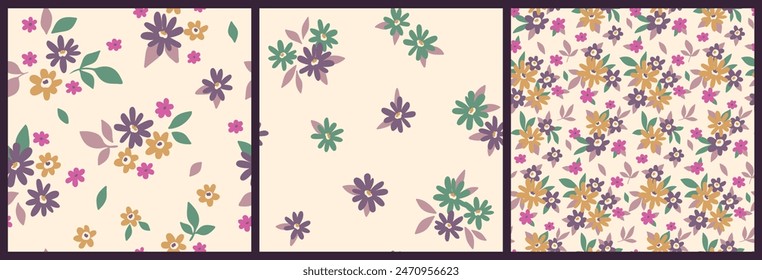 Seamless floral pattern, liberty ditsy print, abstract mini flowers ornament. Cute botanical design collection: small hand drawn daisy flowers, tiny leaves, pretty simple bouquets. Vector illustration