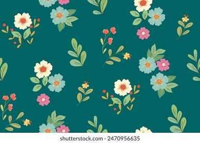 Patrón floral sin costuras, libertad ditsy impresión, adorno de flores abstracto bonito. Lindo Fondo de pantalla botánico, diseño textil: Pequeñas flores silvestres dibujadas a mano, hojas sobre fondo azul. Ilustración vectorial.