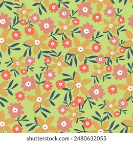 Seamless floral pattern, liberty ditsy print with spring motif. Cute botanical design in pastel colors: small hand drawn flowers, tiny leaves