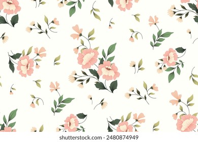 Seamless floral pattern, liberty ditsy print, abstract nature ornament in a romantic classic style. Beautiful botanical design: hand drawn pink flowers, small leaves on white background. Vector image.