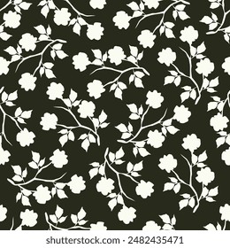 Seamless floral pattern, liberty ditsy print with cute large botany in retro folk style. Beautiful botanical design of hand drawn wild plants: flowers, leaves on black background. Vector illustration.