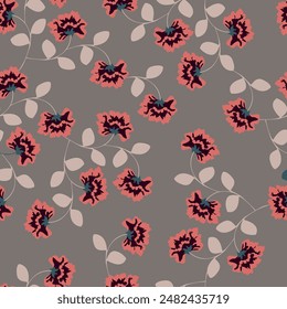 Seamless floral pattern, liberty ditsy print with cute large botany in retro folk style. Beautiful botanical design of hand drawn wild plants: flowers, leaves on black background. Vector illustration.