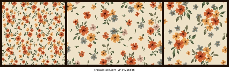 Seamless floral pattern, liberty ditsy print, abstract nature style in autumn motif. Cute botanical wallpaper, textile design: small hand drawn flowers, tiny leaves, mini bouquets. Vector illustration