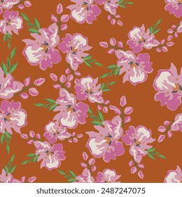 Seamless floral pattern, liberty ditsy print with a delicate vintage motif. Gentle botanical design of fabric, textile: small hand drawn flowers, leaves on a light surface. Vector illustration.