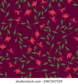 Seamless floral pattern, liberty ditsy print with a delicate vintage motif. Gentle botanical design of fabric, textile: small hand drawn flowers, leaves on a light surface. Vector illustration.