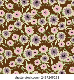 Seamless floral pattern, liberty ditsy print with a delicate vintage motif. Gentle botanical design of fabric, textile: small hand drawn flowers, leaves on a light surface. Vector illustration.