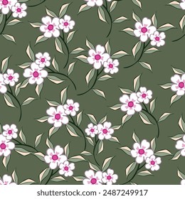 Seamless floral pattern, liberty ditsy print with a delicate vintage motif. Gentle botanical design of fabric, textile: small hand drawn flowers, leaves on a light surface. Vector illustration.