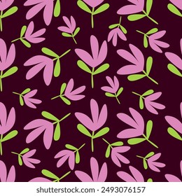 Seamless floral pattern, liberty ditsy print with autumn, winter motifs. Romantic botanical arrangement of small hand drawn wild plants: yellow flowers, leaves, branches on a dark background.