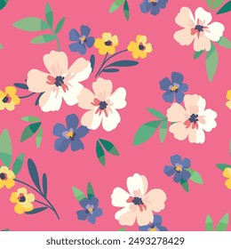 Seamless floral pattern, liberty ditsy print, pretty cartoon motif flower ornament. Cute botanical design: small hand drawn flowers, tiny leaves, simple bouquets on colorful pink. Vector illustration.