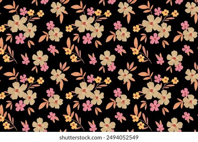 Patrón floral sin costuras, impresión liberty ditsy en delicados colores pastel. Bonito diseño botánico: Pequeñas flores dibujadas a mano, pequeñas hojas, ramos abstractos simples sobre un fondo claro. Azulejo de Vector.
