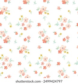 Seamless floral pattern, liberty ditsy print, abstract flower ornament of mini plants. Cute botanical design: small hand drawn daisy flowers, tiny leaves, simple pretty bouquets. Vector illustration.