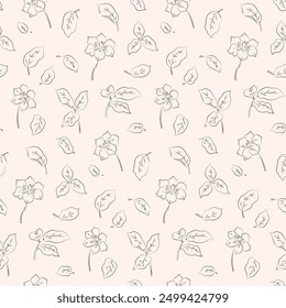 Seamless floral pattern, liberty ditsy print, abstract design of outline plants. Simple minimalist botanical design: line drawing small flowers, leaves. Black and white, two colors vector illustration