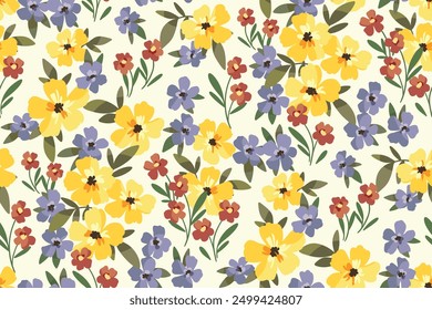 Seamless floral pattern, liberty ditsy print, abstract flower ornament of vintage garden. Cute botanical design: small yellow hand drawn flowers, tiny leaves, simple wild plants. Vector illustration.