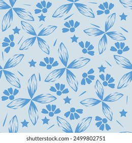 Nahtloses Blumenmuster, schmutziger Freiheitsdruck von kleinen hübschen Sträußen. Nettes botanisches Design: kleine handgezeichnete Blumen, winzige Blätter in abstrakter Zusammensetzung auf hellem Hintergrund. Vektorgrafik