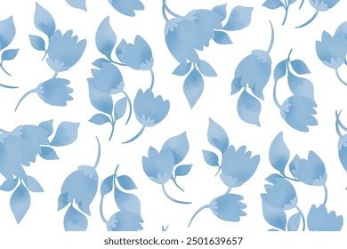 Seamless floral pattern, liberty ditsy print, abstract ornament in watercolor folk motif. Cute botanical design: small hand drawn flowers, tiny leaves, blue plants on white. Vector illustration.