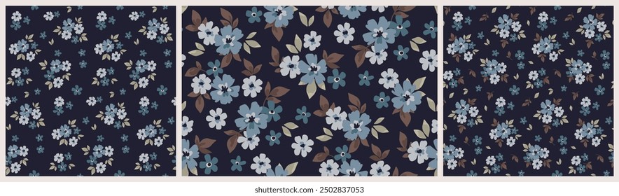 Nahtloses Blumenmuster, dezenter Freiheitsdruck, abstrakte Verzierung im Herbst, winterliches Vintage-Motiv. Botanisches Design: kleine handgezeichnete Blumen, winzige Blätter, einfache kleine dunkle Sträuße. Vektorgrafik