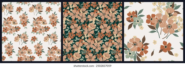 Patrón floral sin fisuras, impresión sucia de la libertad en el motivo vintage romántico, ornamento abstracto de la flor. Diseño botánico: Pequeñas flores dibujadas a mano, hojas, lindos ramos de arte decorativo. Ilustración vectorial.