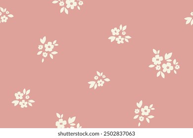 Seamless floral pattern, liberty ditsy print, simple abstract flower ornament. Cute botanical design: small hand drawn flowers, tiny leaves, pretty mini bouquets on pink Two colors vector illustration