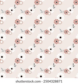 Seamless floral pattern, liberty ditsy print with small cute botanicals. Pretty botanical design with simple hand drawn plants: tiny flowers, mini leaves, bouquets on a white background. Vector.