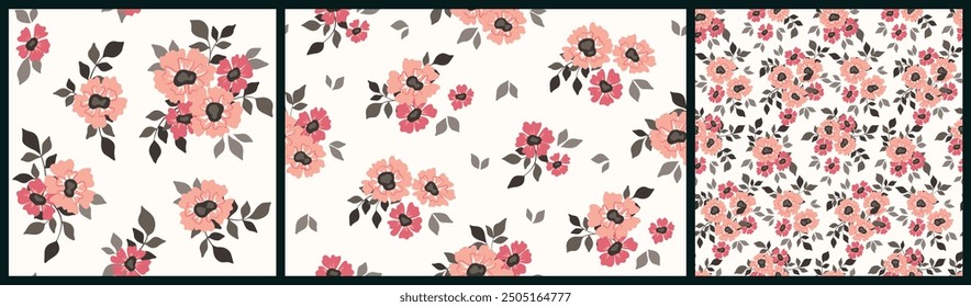 Seamless floral pattern, liberty ditsy print, abstract flower ornament in delicate color. Cute botanical design: small hand drawn flowers, simple pastel bouquets, white background. Vector illustration