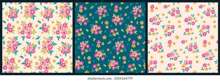 Seamless floral pattern, liberty ditsy print, abstract ornament in colorful summer style. Cute botanical design: small hand drawn daisy flowers, tiny leaves, mini simple bouquets. Vector illustration.