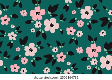 Seamless floral pattern, liberty ditsy print, abstract ornament of simple plants. Cute botanical design in folk motif: small hand drawn flowers, tiny bouquets, leaves on green. Vector illustration.