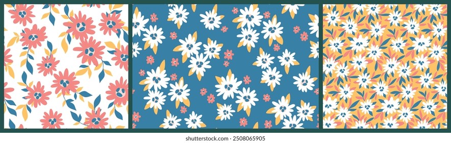 Seamless floral pattern, liberty ditsy print, abstract flower ornament of simple daisies. Cute botanical design: small hand drawn flowers, tiny leaves, bouquets in trendy color. Vector illustration.