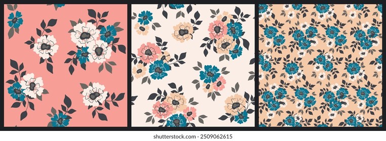 Seamless floral pattern, liberty ditsy print, abstract flower ornament in soft vintage motif. Romantic botanical design: large hand drawn flowers, leaves, small simple bouquets. Vector illustration.