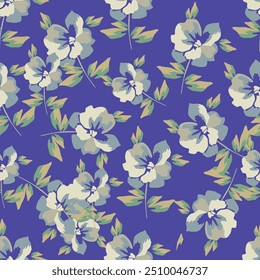 Seamless floral pattern, liberty ditsy print with pretty sketch botany. Artistic botanical design: small hand drawn white flowers, tiny leaves on a blue background. Vector illustration in two colors