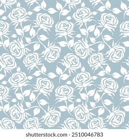 Seamless floral pattern, liberty ditsy print with pretty sketch botany. Artistic botanical design: small hand drawn white flowers, tiny leaves on a blue background. Vector illustration in two colors