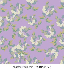 Seamless floral pattern, liberty ditsy print with pretty sketch botany. Artistic botanical design: small hand drawn white flowers, tiny leaves on a blue background. Vector illustration in two colors