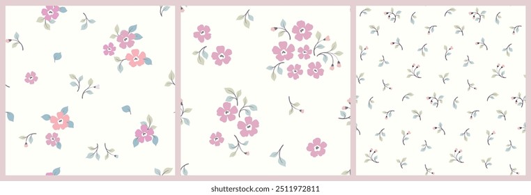 Seamless floral pattern, liberty ditsy print, abstract ornament in romantic folk motif. Cute botanical design: small pink hand drawn flowers, tiny leaves, simple mini bouquets. Vector illustration.