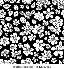 Seamless floral pattern, liberty ditsy print with pretty sketch botany. Artistic botanical design, small hand drawn white flowers, tiny leaves on a black background. Vector illustration in two colors.