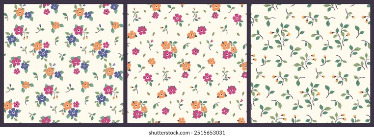 Seamless floral pattern, liberty ditsy print, abstract flower ornament of mini simple plants. Cute botanical design: small hand drawn flowers, tiny leaves, pretty spring bouquets. Vector illustration.