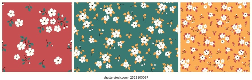 Seamless floral pattern, liberty ditsy print, abstract flower ornament of simple plants. Botanical design in folk motif: small hand drawn daisy flowers, tiny leaves, mini bouquets. Vector illustration