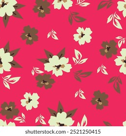 Padrão floral contínuo, liberdade ditsy impressão de flora muito simples. Design de superfície botânica bonito: pequenas flores margaridas desenhadas à mão, folhas abstratas minúsculas em um fundo bege. Ilustração vetorial