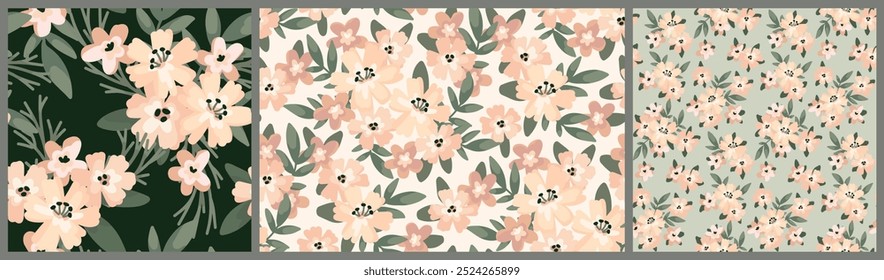 Nahtloses Blumenmuster, dezenter Freiheitsdruck, abstrakter Naturschmuck in neutralen beigen Farben. Zartes botanisches Design: kleine handgezeichnete Blumen, winzige Blätter, einfache Sträuße. Vektorgrafik.