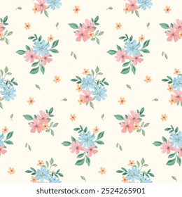 Seamless floral pattern, liberty ditsy print, abstract ornament in romantic country motif. Cute botanical design: small hand drawn florets, tiny leaves, simple bouquets. Romantic vector illustration.