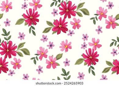 Seamless floral pattern, liberty ditsy print, romantic ornament of mini plants. Cute botanical design: small hand drawn flowers, tiny leaves, simple red bouquets abstract on white. Vector illustration