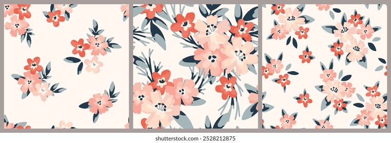 Seamless floral pattern, liberty ditsy print, flower pattern in decorative folk motif. Cute botanical design collection: small hand drawn flowers, tiny leaves, simple bouquets. Vector illustration.