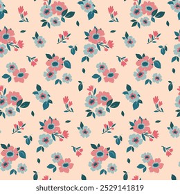 Patrón floral sin fisuras, libertad ditsy impresión con Pequeñas margaritas decorativas. Diseño botánico lindo simple: flores rojas dibujadas a mano, hojas diminutas, 